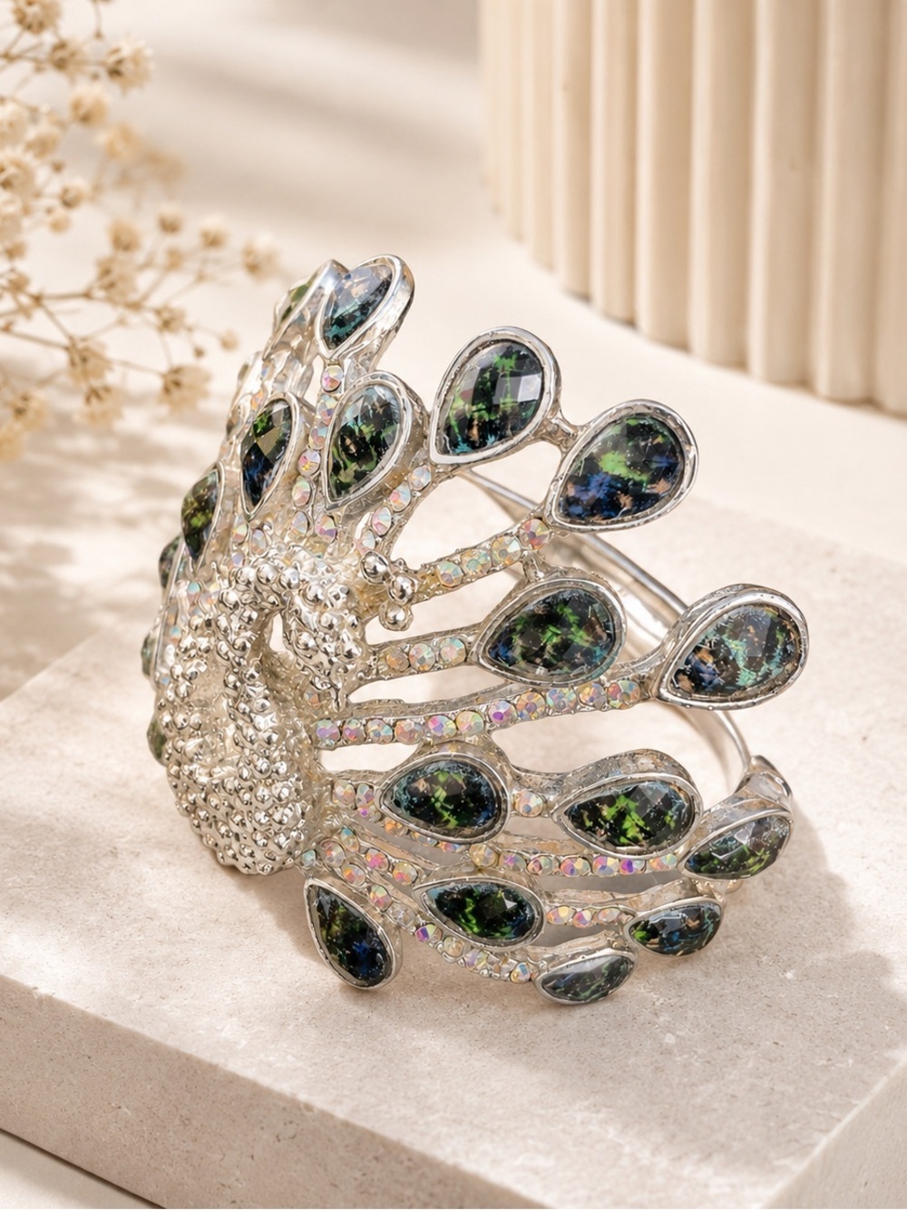 VTG Peacock Cuff Bracelet Silver Tone AB Crystal Rhinestone Statement Bracelet